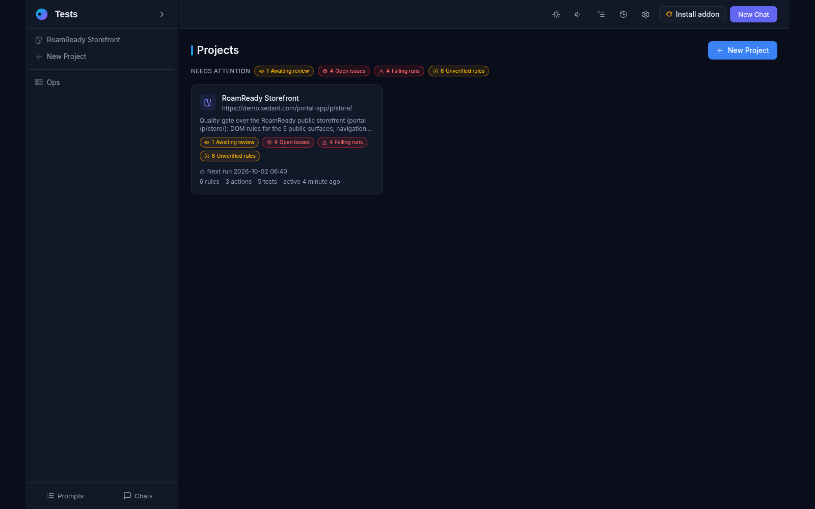 The home summary: global needs-attention badges and the project card with awaiting review, open issues, failing runs, unverified rules and the next scheduled run