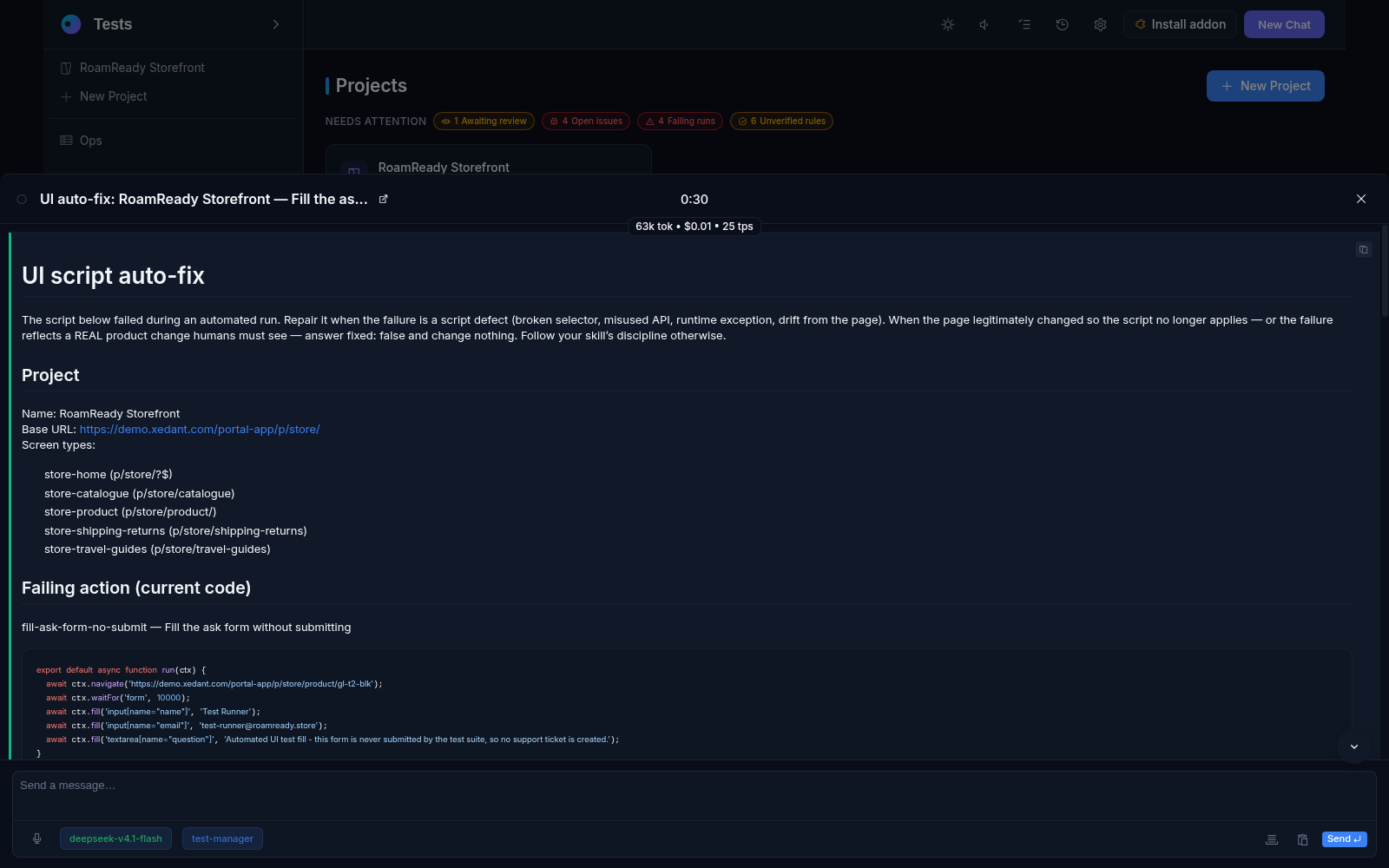 The auto-fix request in the agent chat: the failing action current code, the project facts and the repair instructions sent to the model
