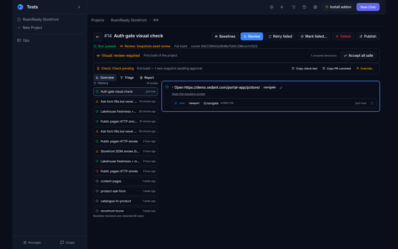 A build verification page: run, review and visual verdicts, the first-build banner with one new snapshot awaiting approval, and the build history