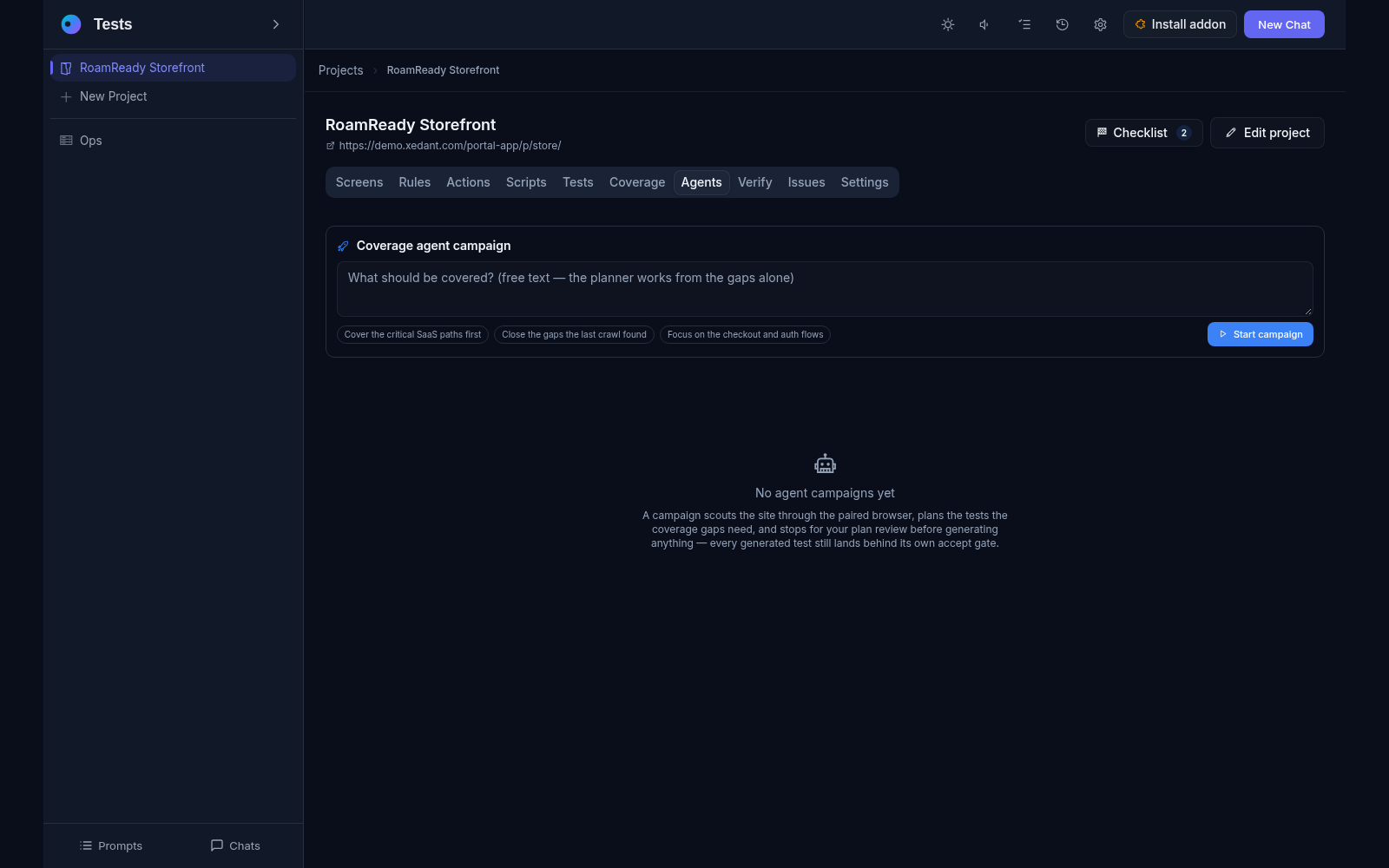 The Agents tab: the coverage-agent campaign launcher with goal presets and the empty campaign list explaining the scout-plan-review flow