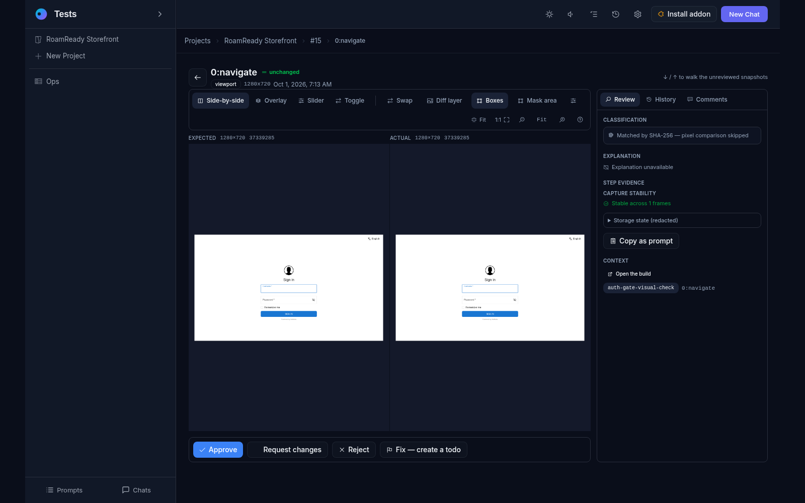 The snapshot diff viewer: the expected baseline and the actual capture side by side, with overlay, slider and toggle compare modes