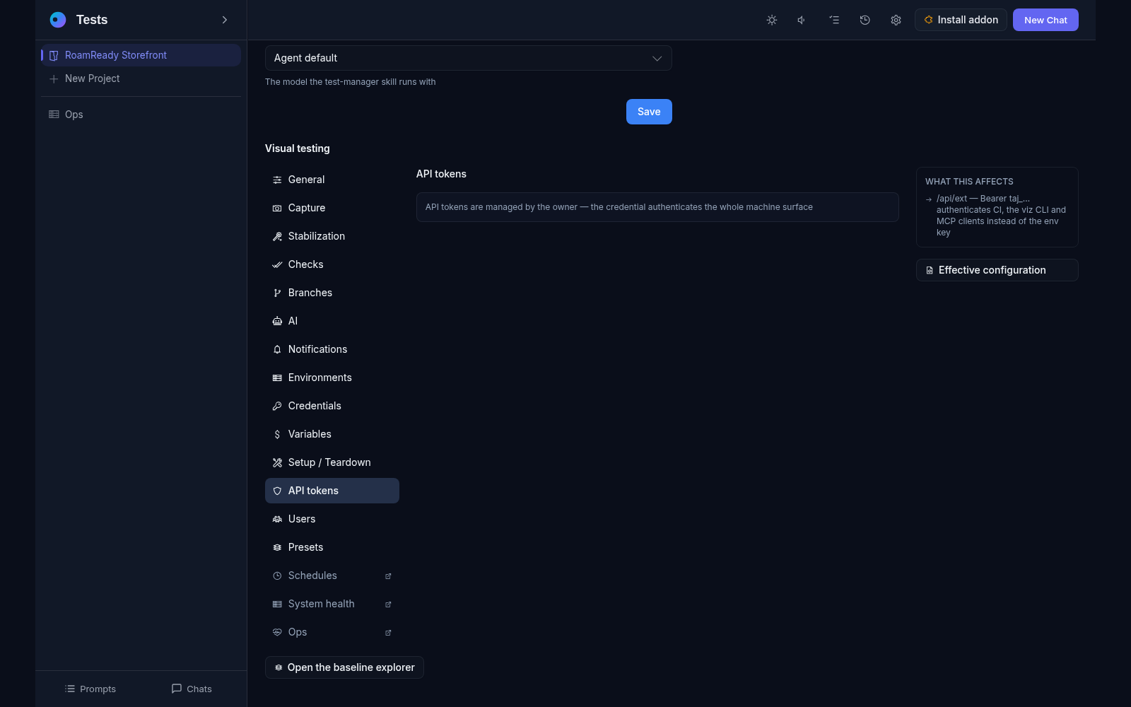 The API tokens settings section: the owner-managed credential and the /api/ext surface it authenticates for CI, the viz CLI and MCP clients