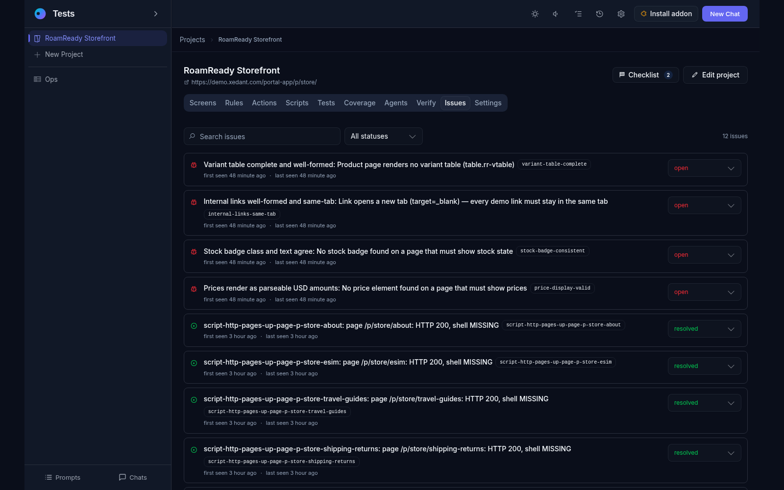 The Issues tab: twelve merged problems with fingerprints, first and last seen times, and open or resolved statuses