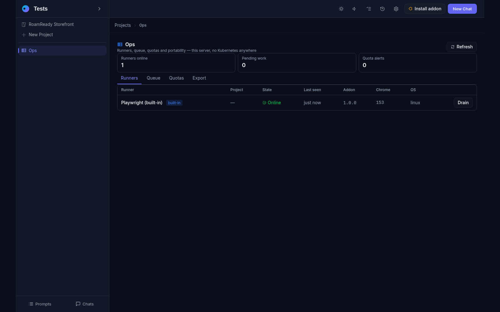 The Ops view: runners-online, pending-work and quota tiles, and the runner registry with the built-in Playwright runner online