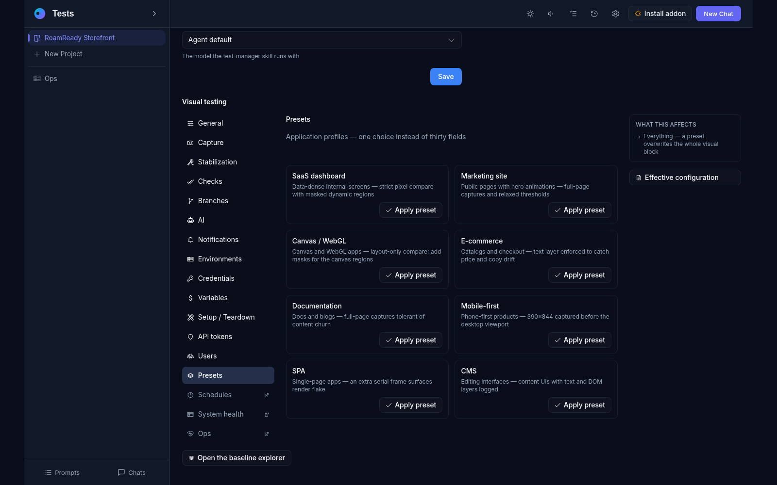 The Visual testing settings Presets section: eight application profiles from SaaS dashboard to CMS, each applying a whole visual configuration