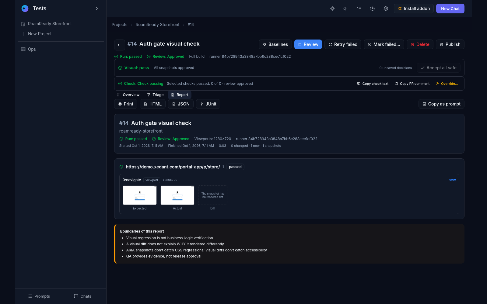 The build printable report: export buttons, run timing, the step with its Expected, Actual and Diff figures, and the boundaries block
