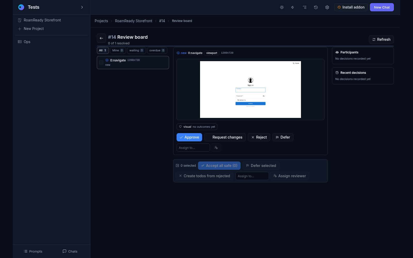 The build review board: the new snapshot card with the captured page and the Approve, Request changes, Reject and Defer decisions