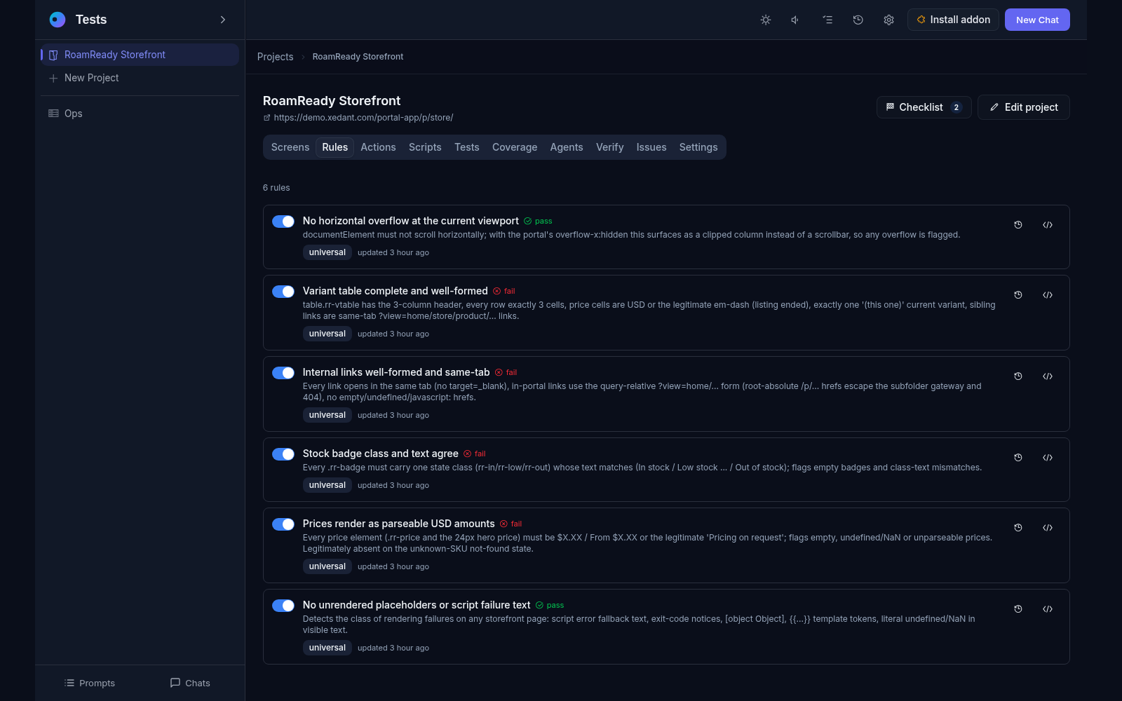 The Rules tab: six checks with their latest pass or fail outcome, plain descriptions and universal scope chips