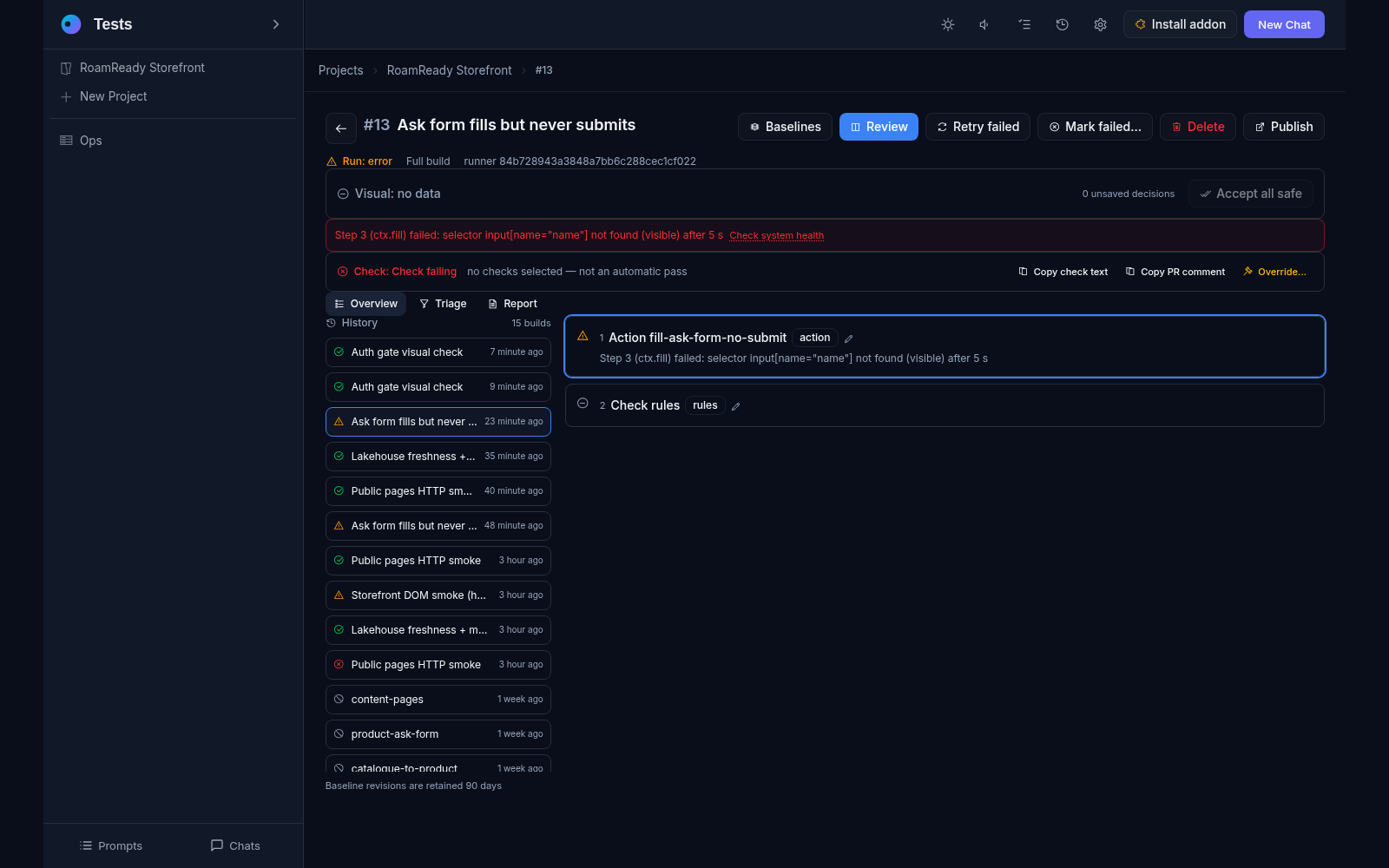 A finished browser run: the error verdict, the failed step selector error, the failing-check chips and the build history sidebar