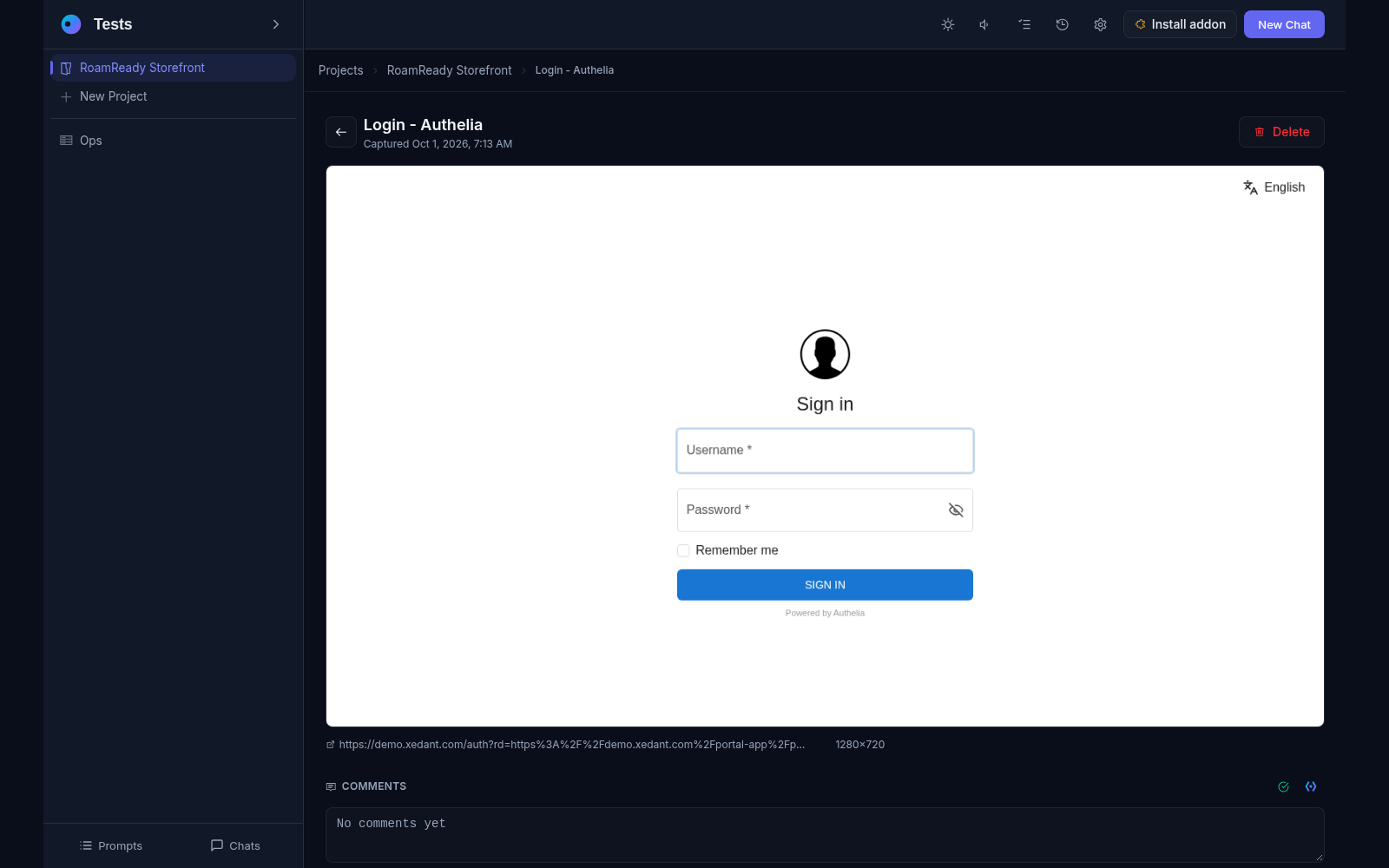 A captured screen page: the snapshot with its address and 1280x720 size, and the Comments panel where a plain-words remark goes before calling the agent