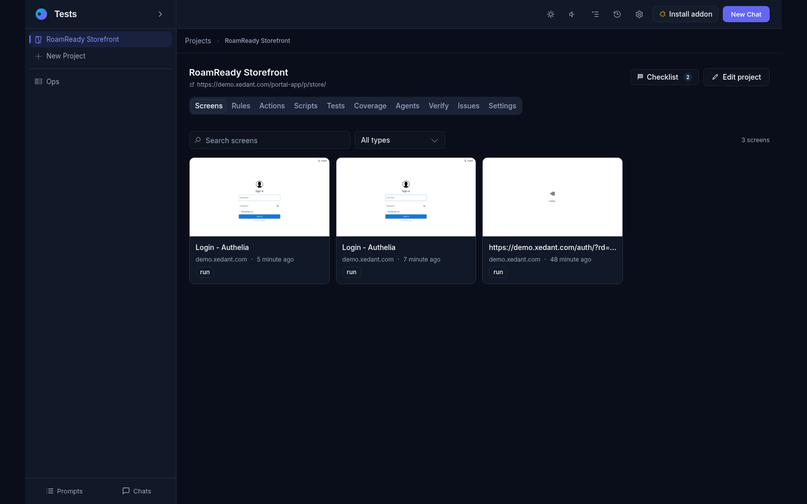 The Screens tab: three captured pages of the demo project with thumbnails, addresses, capture times and run-source badges
