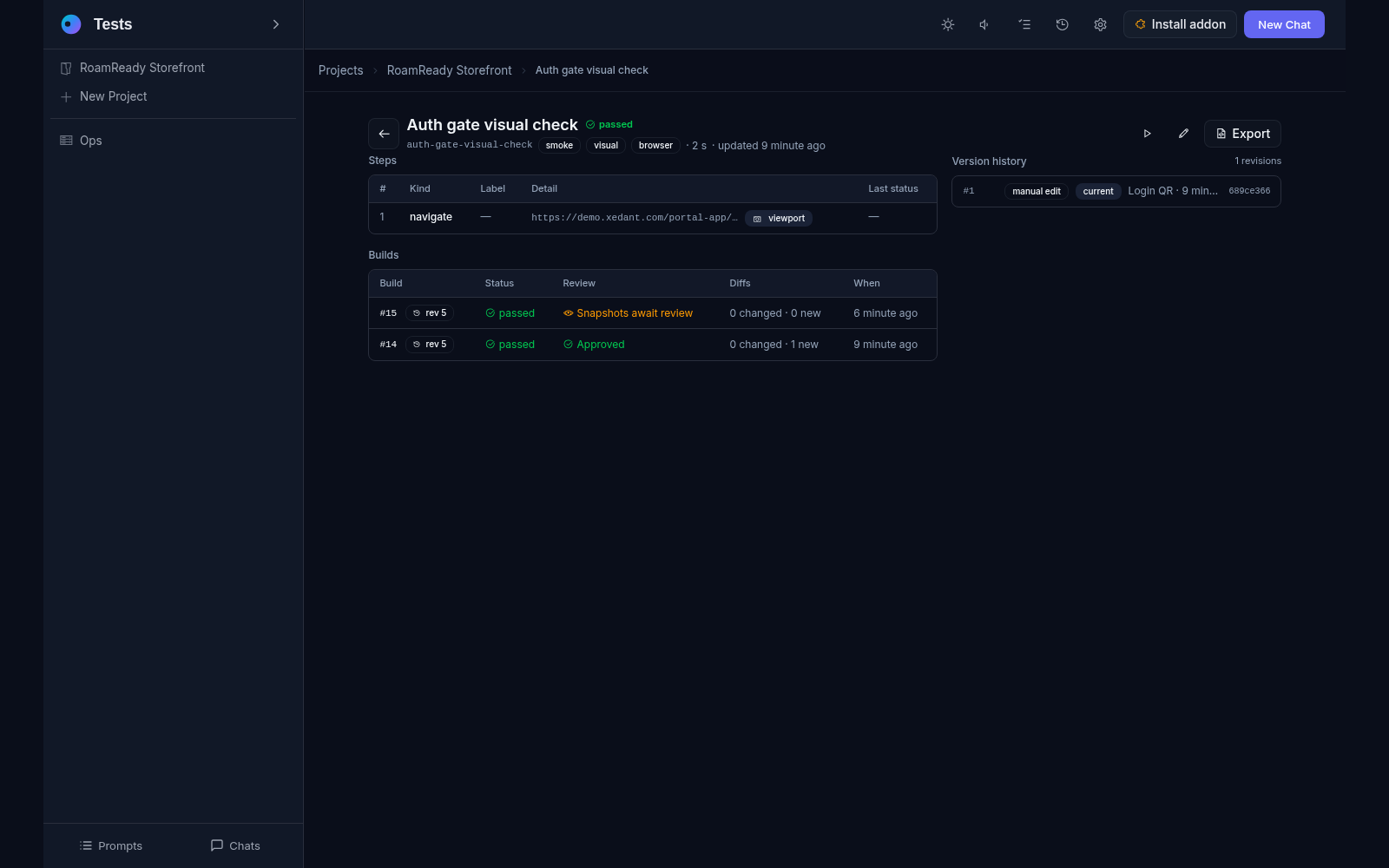 The test page: the navigate step with its viewport capture declaration, the build history with review states, and the file revision hash
